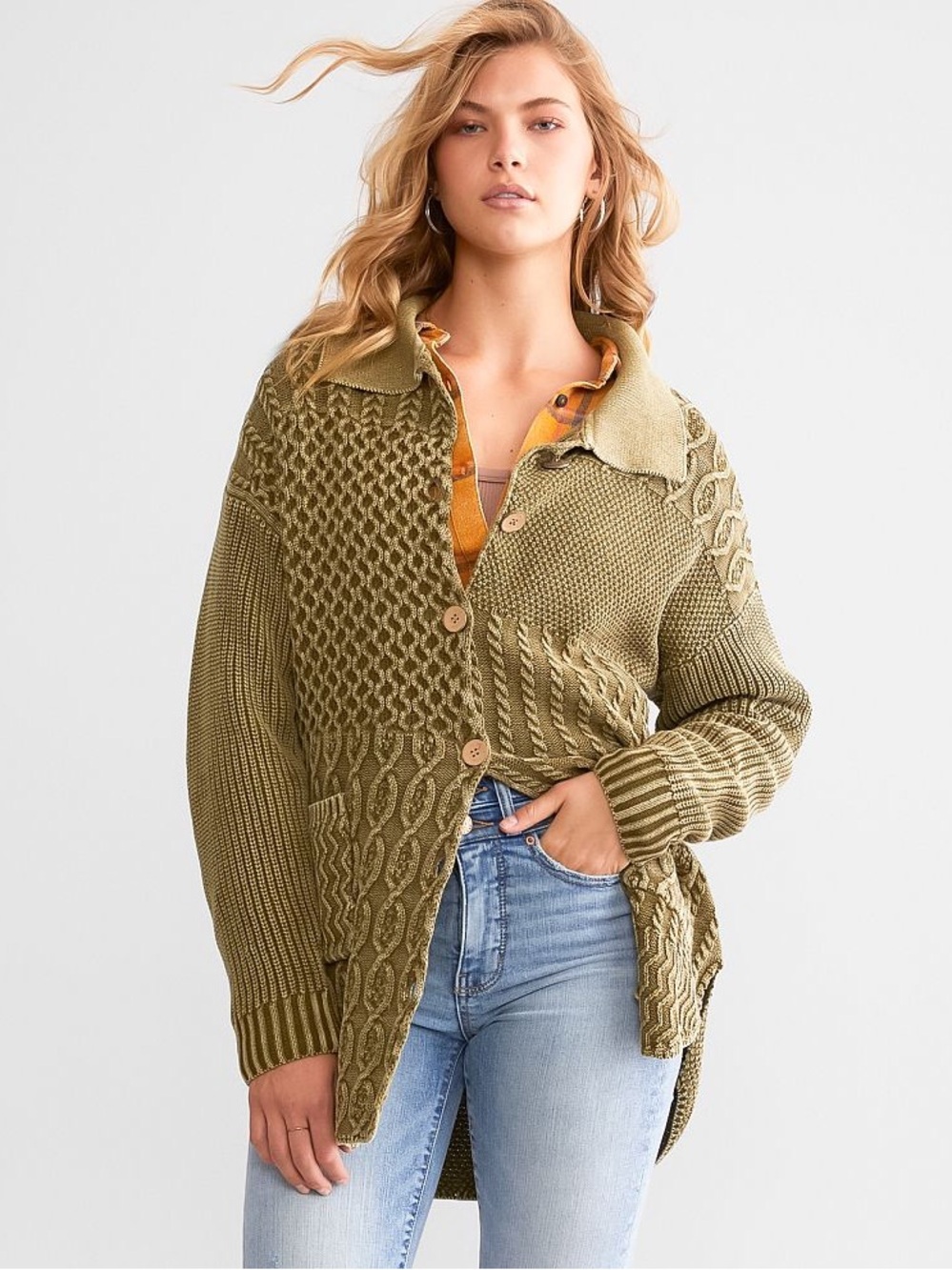 New Buckle BKE Washed Cable Knit Cardigan Sweater Size S Military Olive Cabin